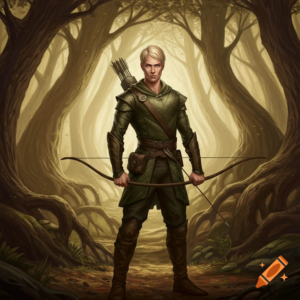 A blonde male fantasy archer in green armor stands with a bow and quiver in a mystical forest with twisted trees.