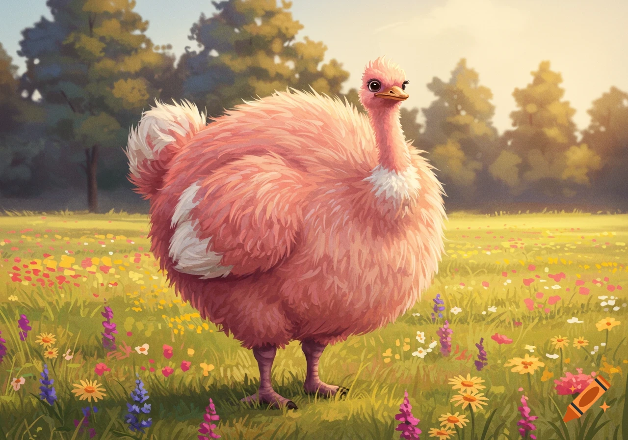 A fluffy pink ostrich with white markings stands in a vibrant flower-filled meadow under a clear sky, in a stylized illustration.