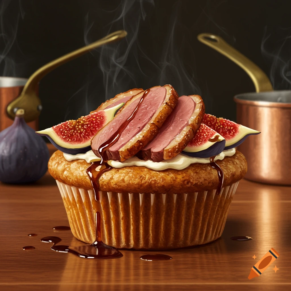 A gourmet muffin topped with sliced duck breast, fig halves, cream, and a dark sauce, presented on a wooden table.