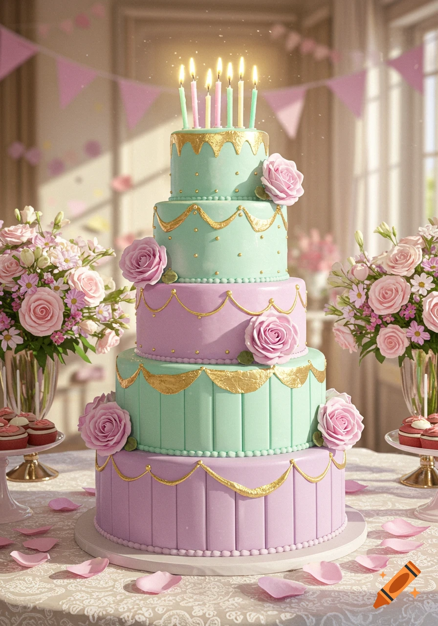 A pastel five-tier birthday cake with lit candles, pink roses, and gold trim sits on a lacy table with rose petals and flower bouquets.