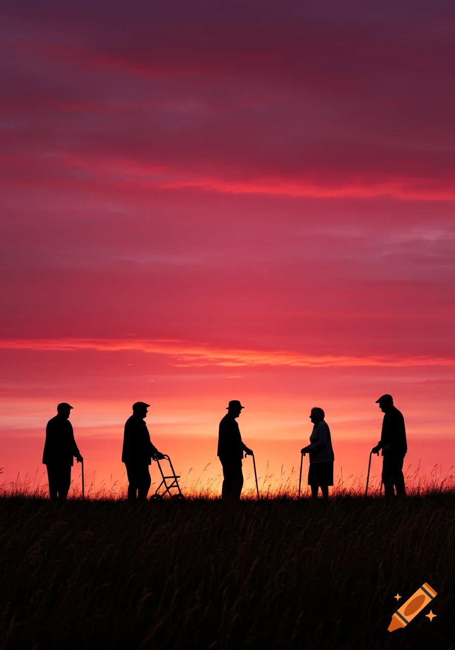Silhouettes of five elderly people, one with a walker, standing in tall grass against a vibrant red and fuchsia sunset sky, photorealistic style.