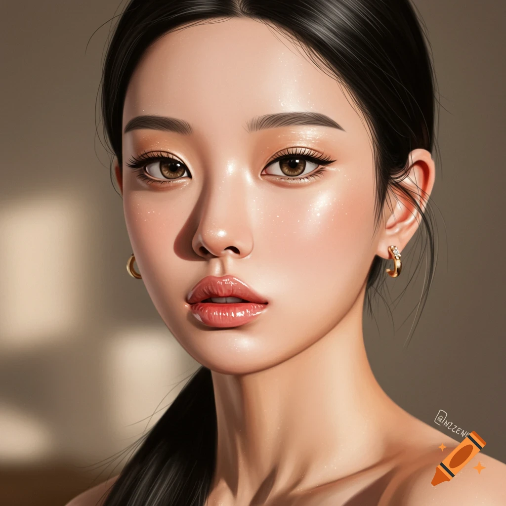 Close-up portrait of a Korean Ulzzang woman with dark hair, brown eyes, and glossy lips, in soft, warm lighting.