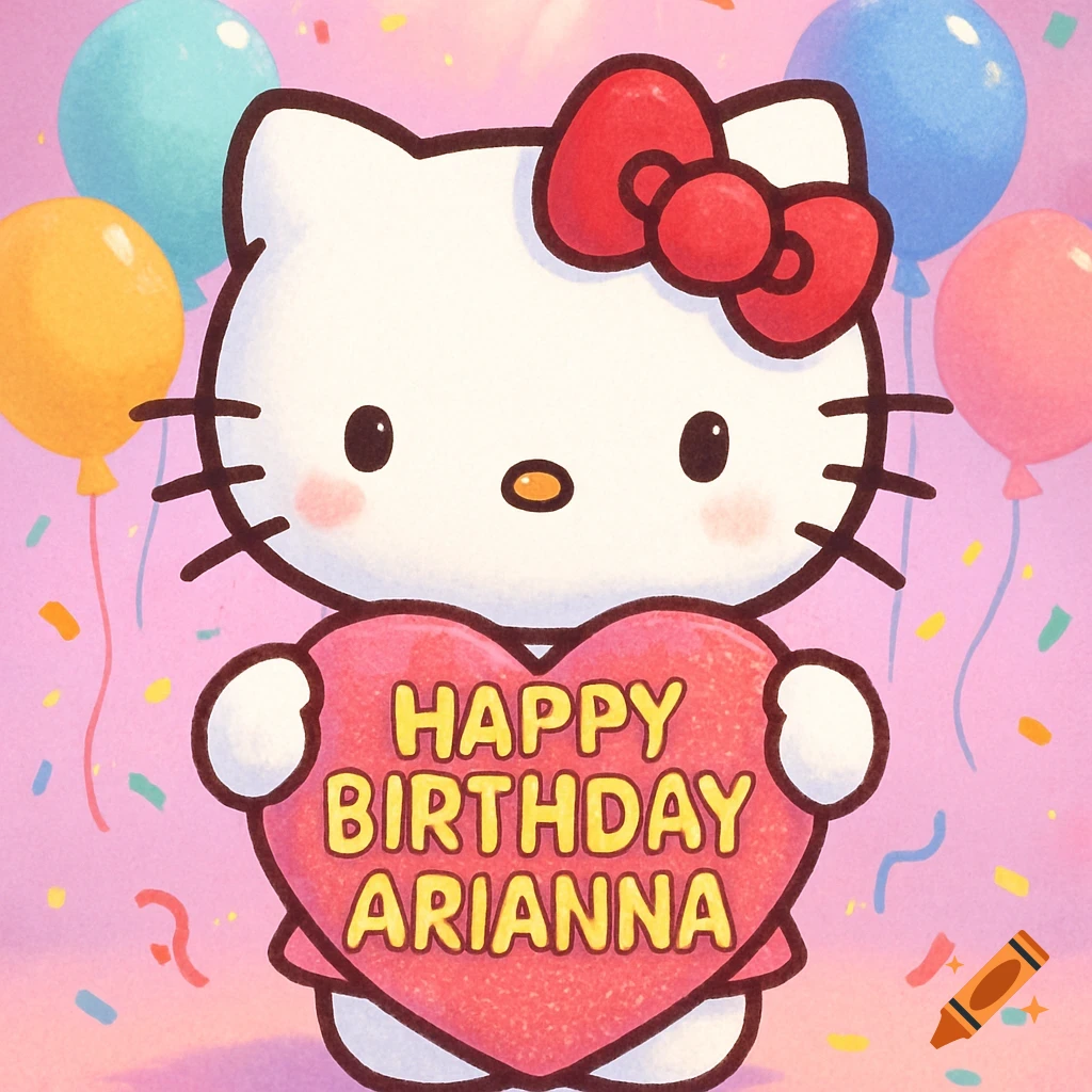 Hello Kitty holding a pink heart with 'Happy Birthday Arianna' text, surrounded by balloons and confetti in a cute cartoon style.