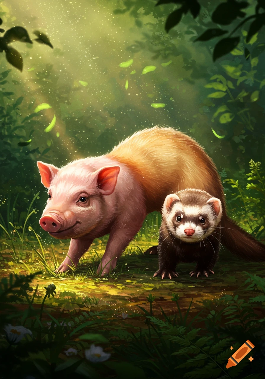A pink pig with brown fur and a dark brown ferret in a sun-dappled green forest, digital illustration.
