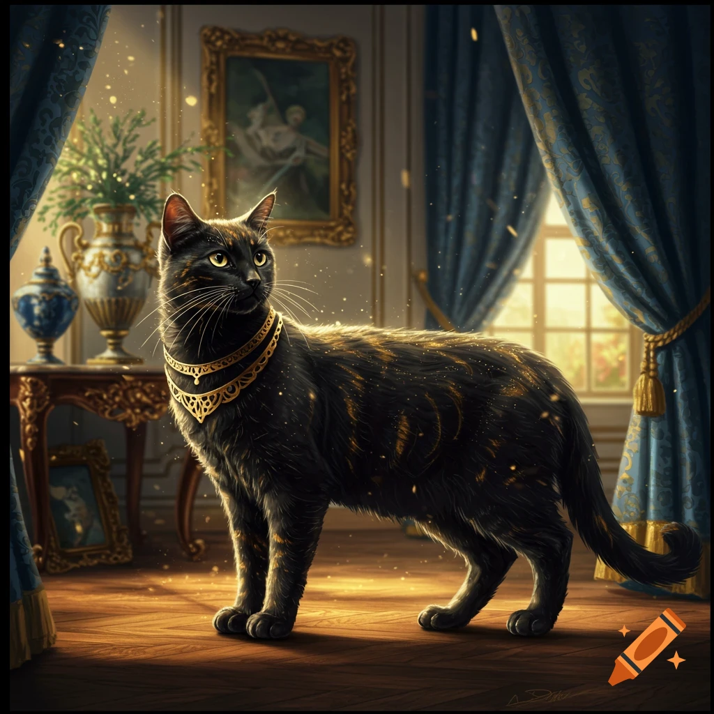 A black cat with gold markings and a golden collar stands in a regal room with blue curtains and sparkling light.