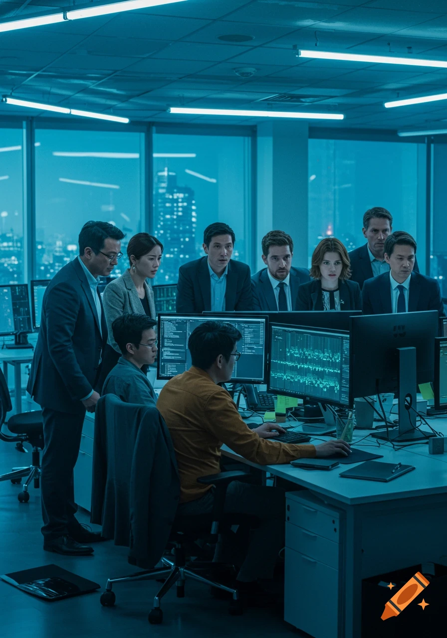 Diverse professionals intently observing computer screens in a modern, blue-lit office with a city view.