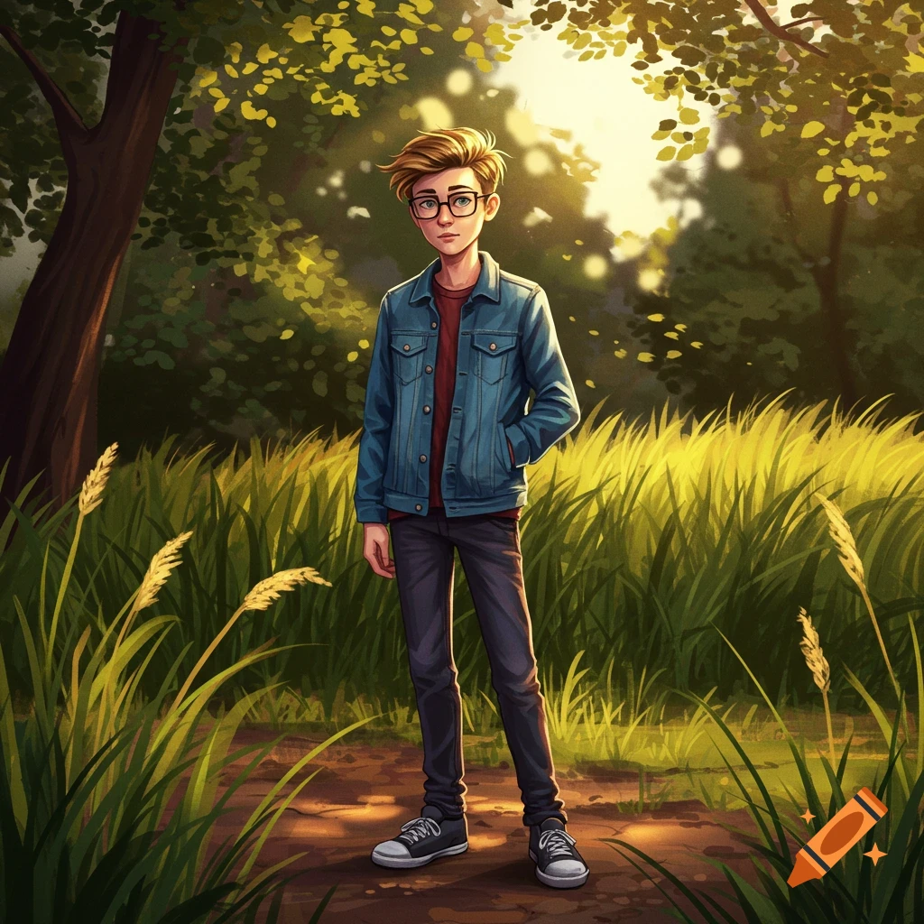 A cartoon boy with dark blonde hair and glasses wears a denim jacket and stands in a sunlit forest with tall grass.