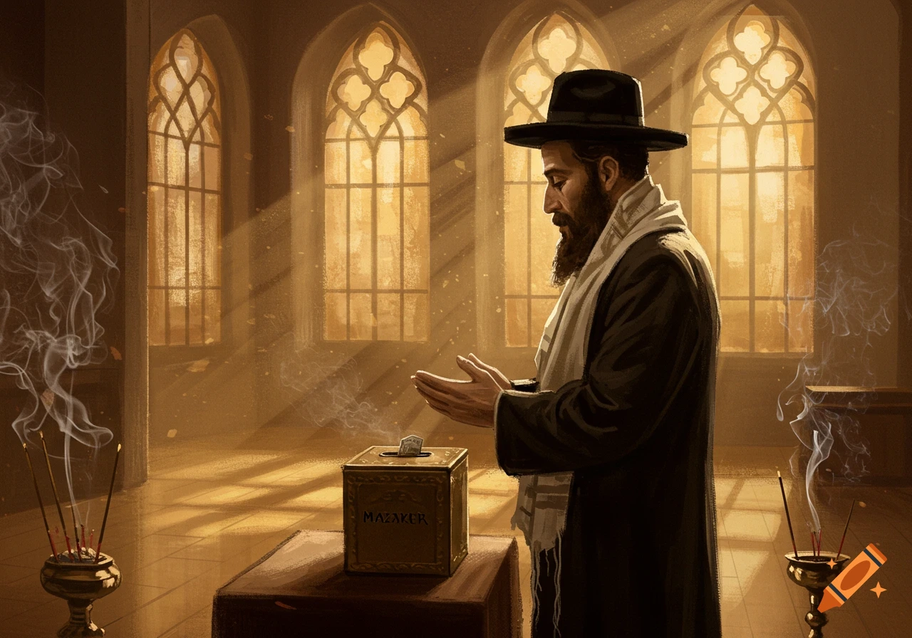 A bearded Jewish man in traditional attire prays in a sunlit room with arched windows, placing an offering into a box.