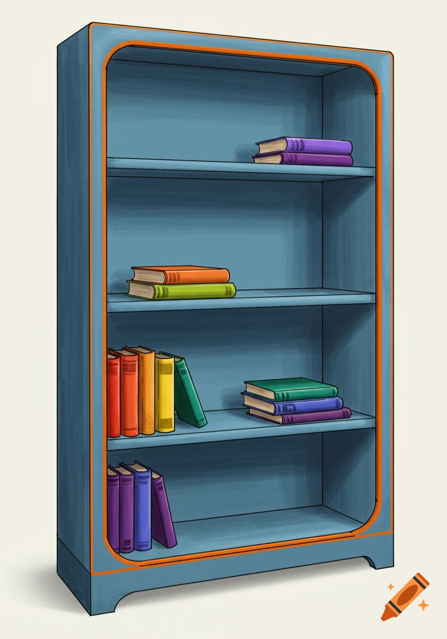 A blue bookcase with orange accents holds various colored books, rendered in a colored pencil illustration style.