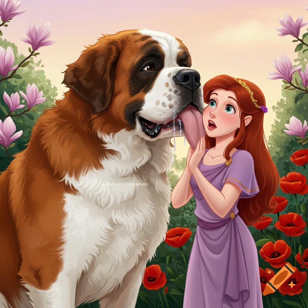 A cartoon woman with red hair reacts as a large St. Bernard dog licks her cheek with its long, slobbery tongue, surrounded by flowers.