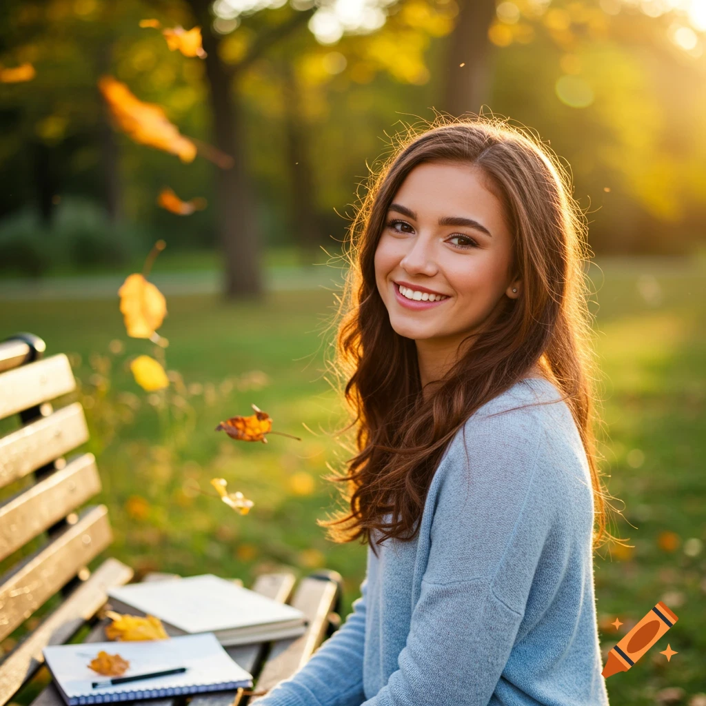 Smiling young woman with brown hair sitting on a park bench amidst falling autumn leaves.