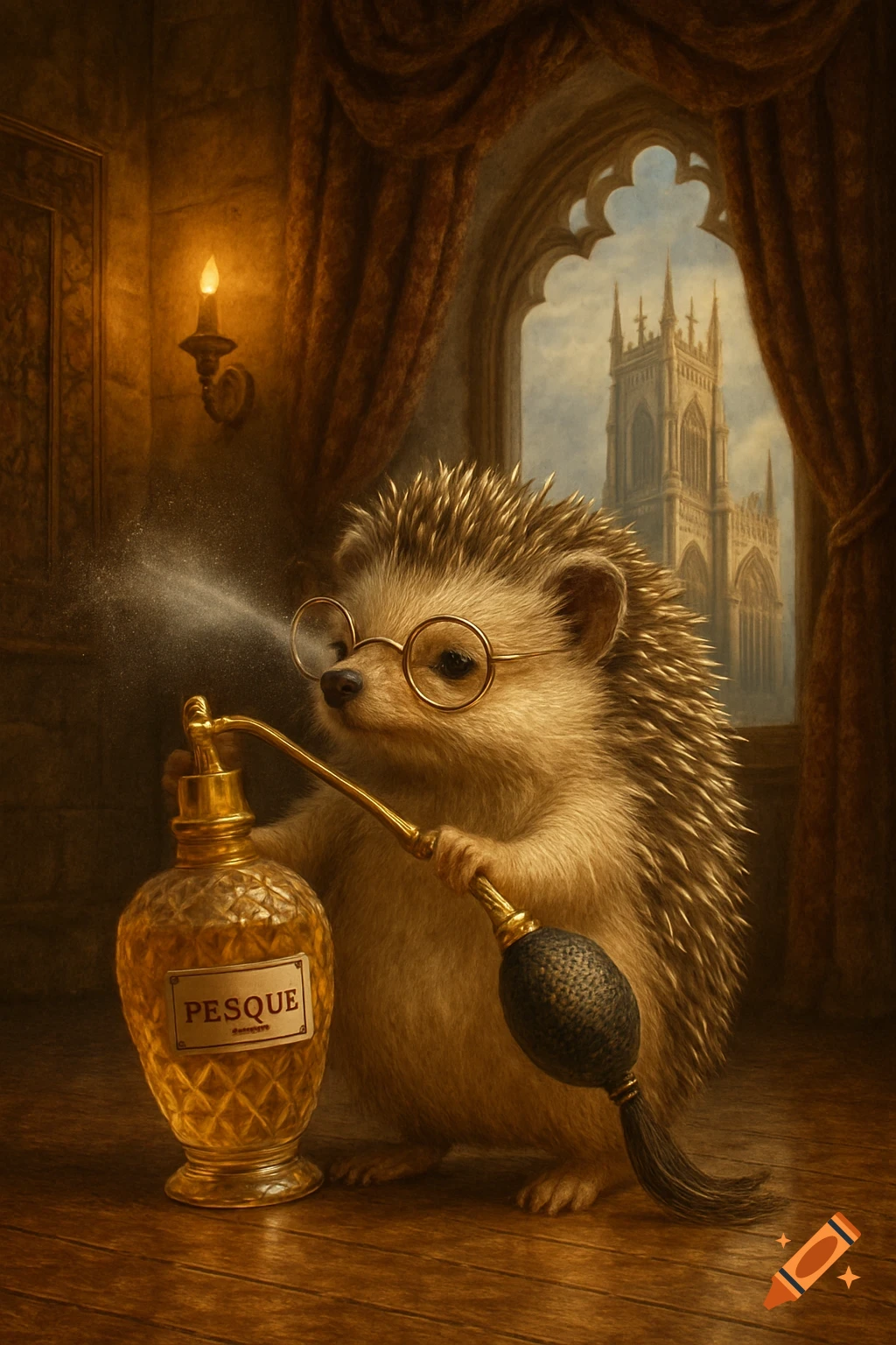 A cute hedgehog with glasses sprays perfume from a golden bottle in an antique room, with a gothic church visible through the window.