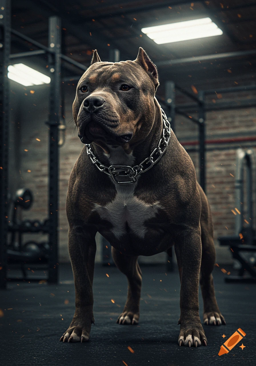 A muscular pitbull dog wearing a heavy chain collar stands alert in a dimly lit gym, with orange sparks in the air, in a photorealistic style.