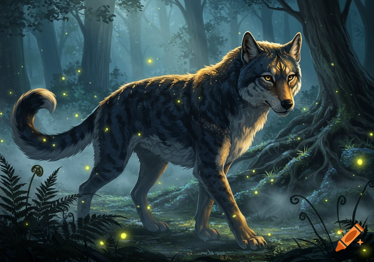 A majestic wolf with glowing eyes walks through a dark, mystical forest with fireflies, bathed in golden light.