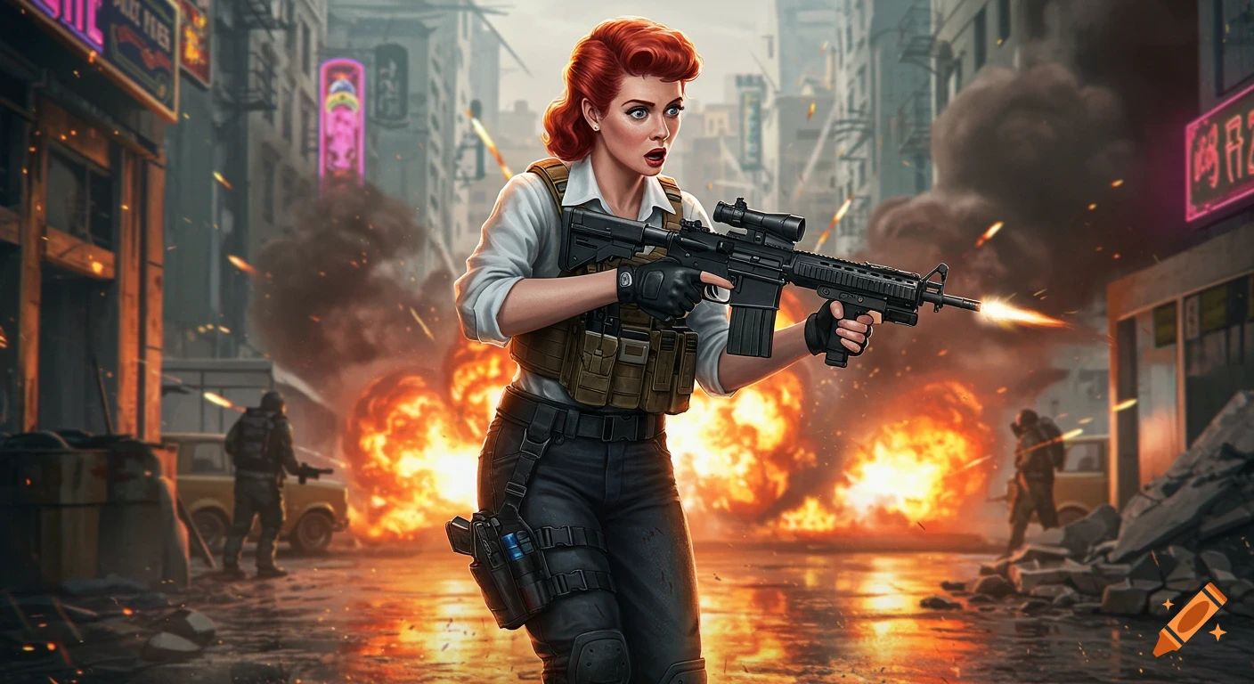 A retro-styled woman with red hair in tactical gear fires a rifle amidst explosions in a war-torn city.