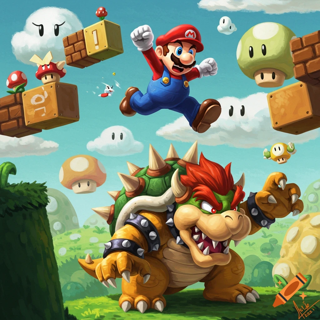 Super Mario jumps above a roaring Bowser in a vibrant cartoon landscape with iconic blocks, clouds, and mushrooms.