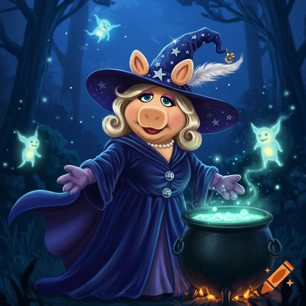 Miss Piggy as a witch in a magical forest, stirring a glowing cauldron with spirits.
