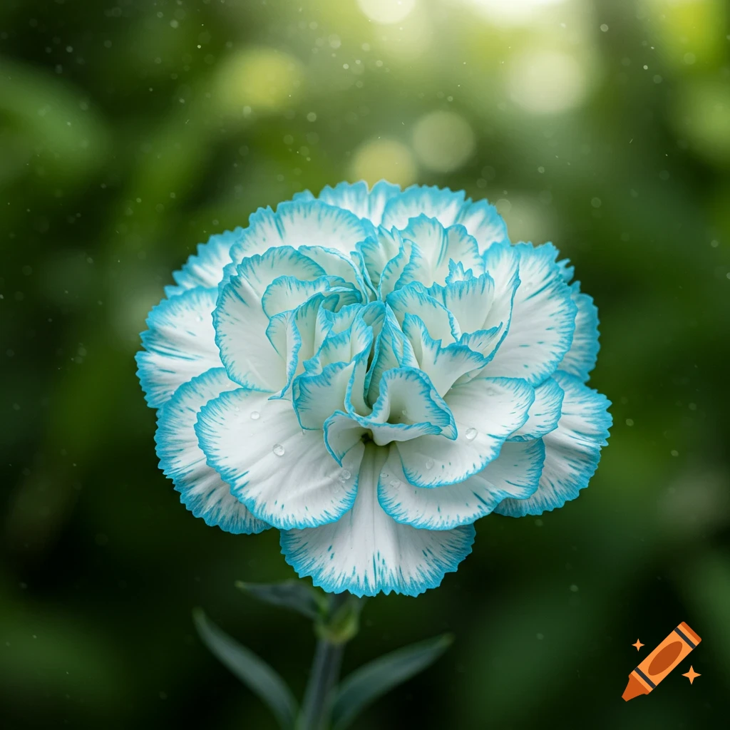Close-up photorealistic white carnation flower with vibrant cyan edges and water droplets, blurred green background.