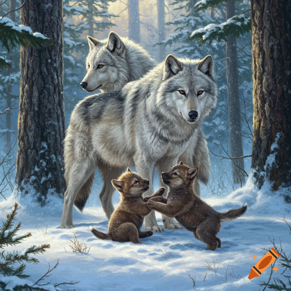 Two adult wolves stand guard as two playful wolf cubs interact in a snow-covered forest, bathed in sunlight.