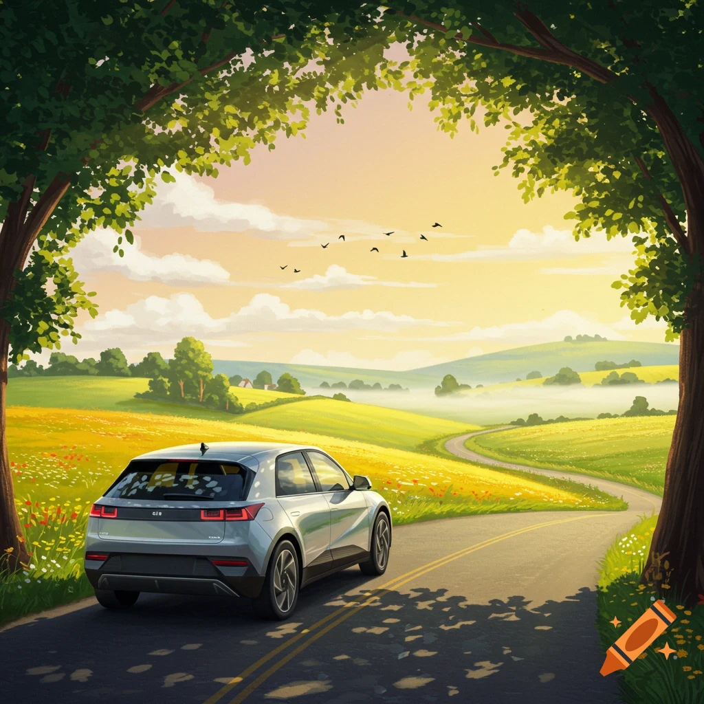 A silver electric car drives on a winding road through a lush green countryside with wildflowers under a warm sunset sky, stylized.