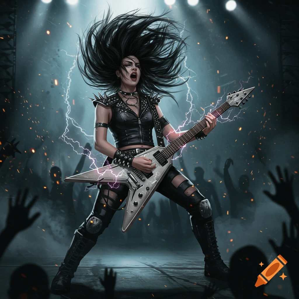 A dark-haired woman in leather punk attire plays a V-shaped electric guitar on stage, hair flying, with lightning and sparks around her.