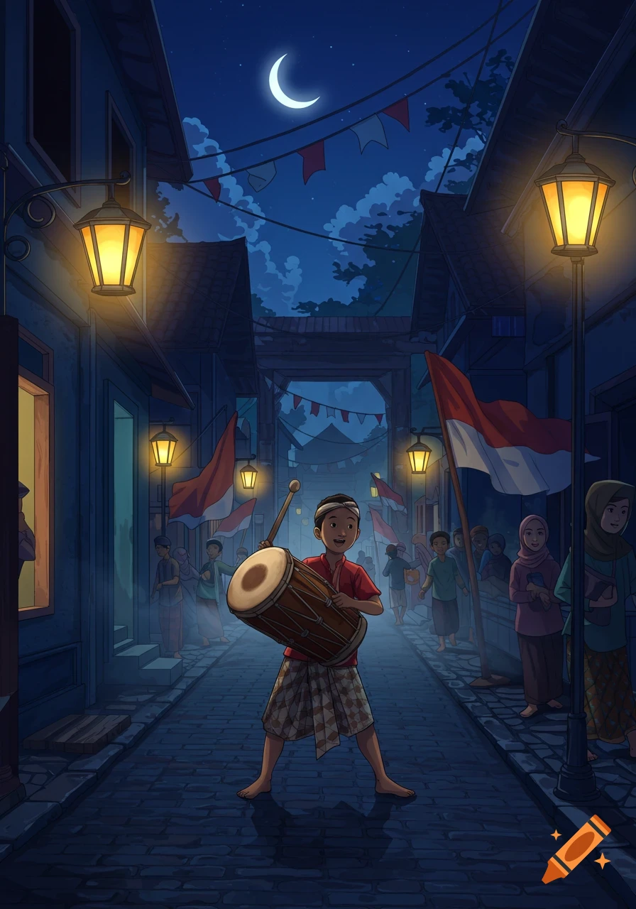 Illustrated boy plays a drum in a narrow street at night, lit by lanterns and a crescent moon, with red and white flags and people.