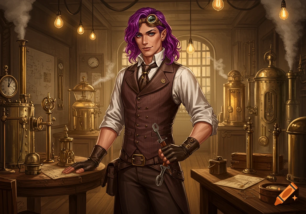 A non-binary steampunk artificer with purple hair and goggles stands in a workshop filled with brass machinery, holding a wrench.