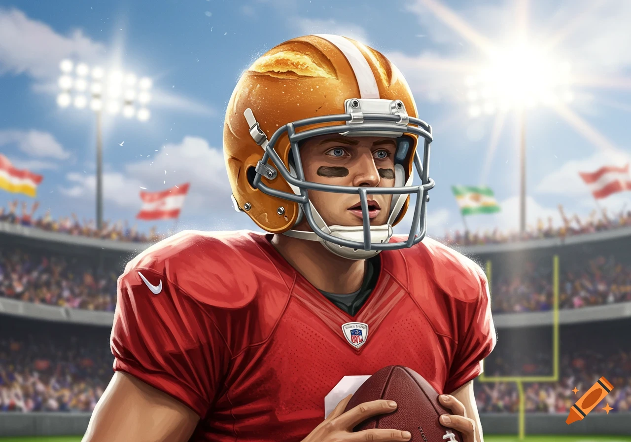 An illustration of an American football quarterback wearing a loaf of bread as a helmet, holding a football in a stadium.
