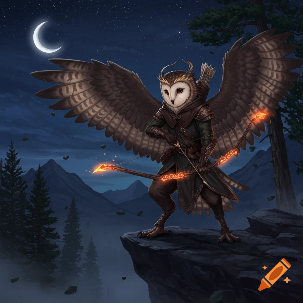 A fantasy Owlin archer with wide wings stands on a cliff at night, holding a glowing bow under a crescent moon. Digital art.