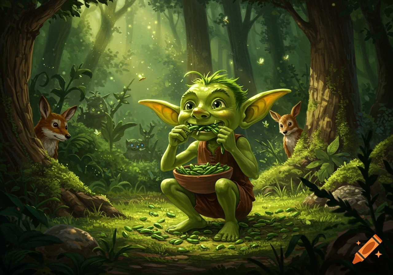 A whimsical green goblin eats green beans from a bowl in a sun-dappled magical forest, with two deer peeking from behind trees.