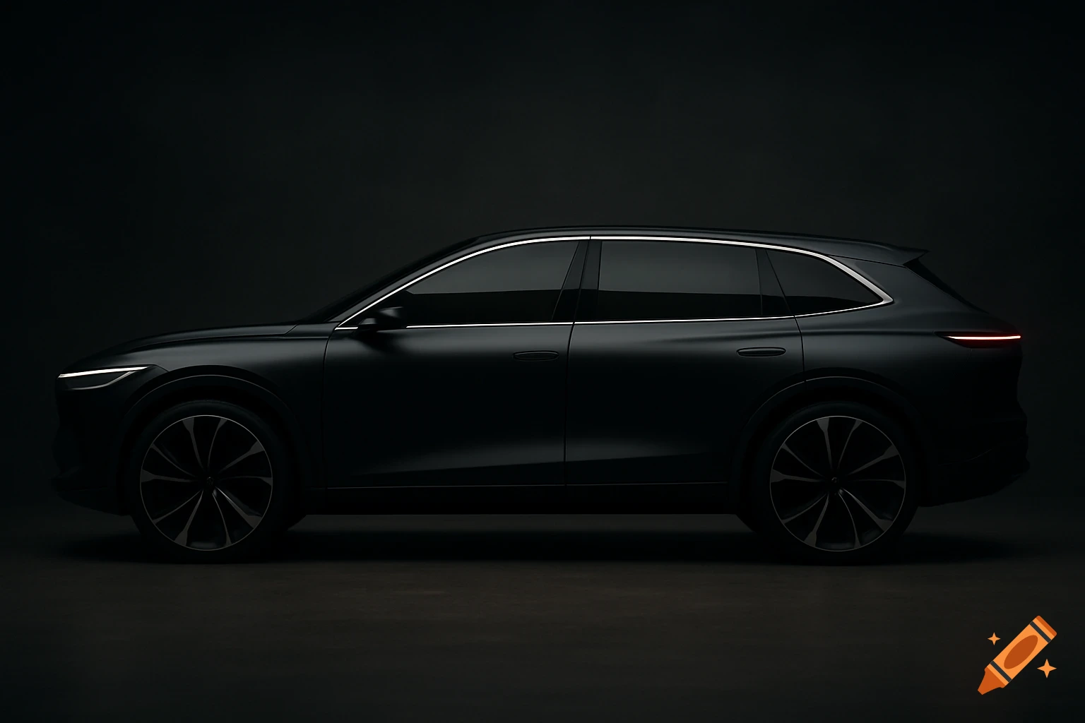A dramatic side view of a matte black luxury SUV concept car in a dimly lit studio, highlighting its sleek profile.