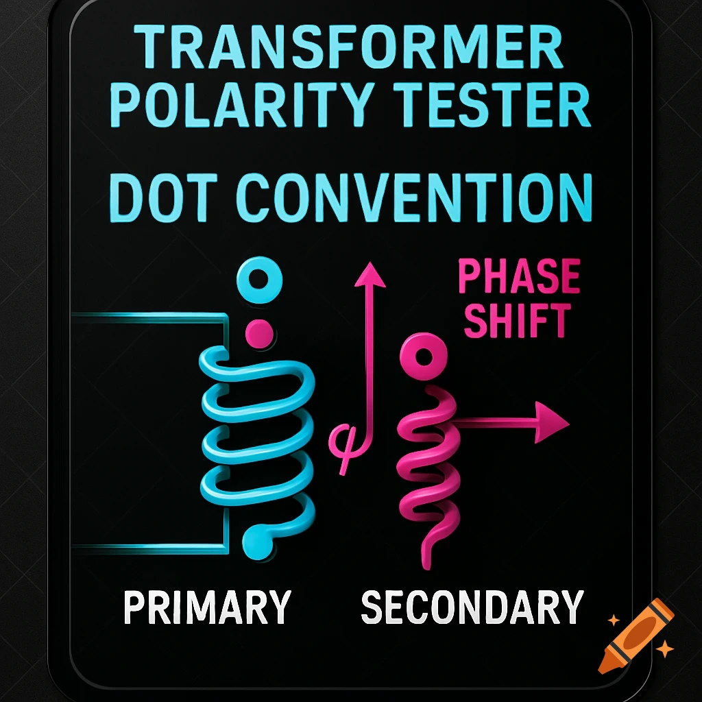 Graphic illustrating transformer polarity tester dot convention with primary (blue) and secondary (pink) coils, showing phase shift.