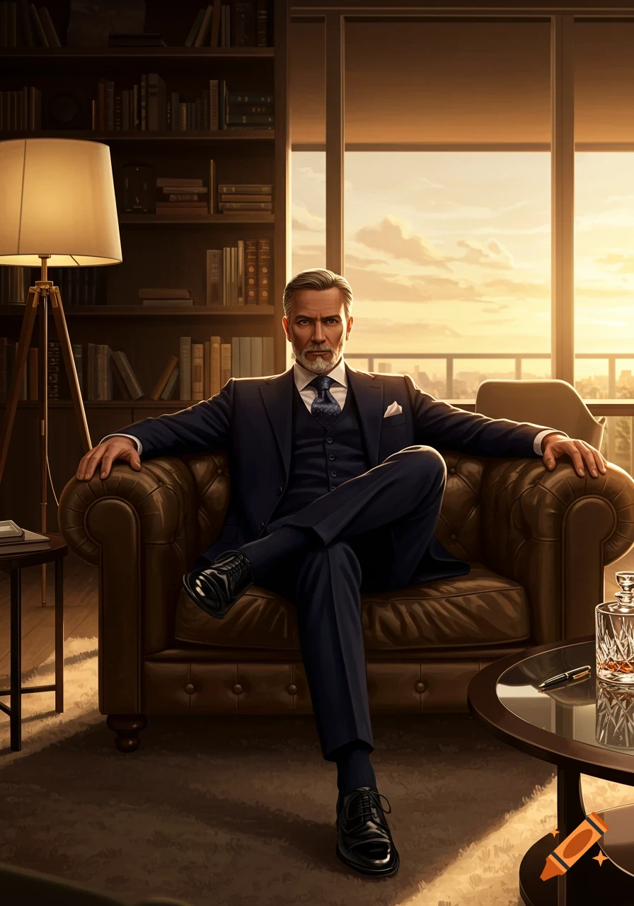A photorealistic image of a posh businessman in a navy suit, sitting on a brown leather sofa in a luxurious office with a sunset view.