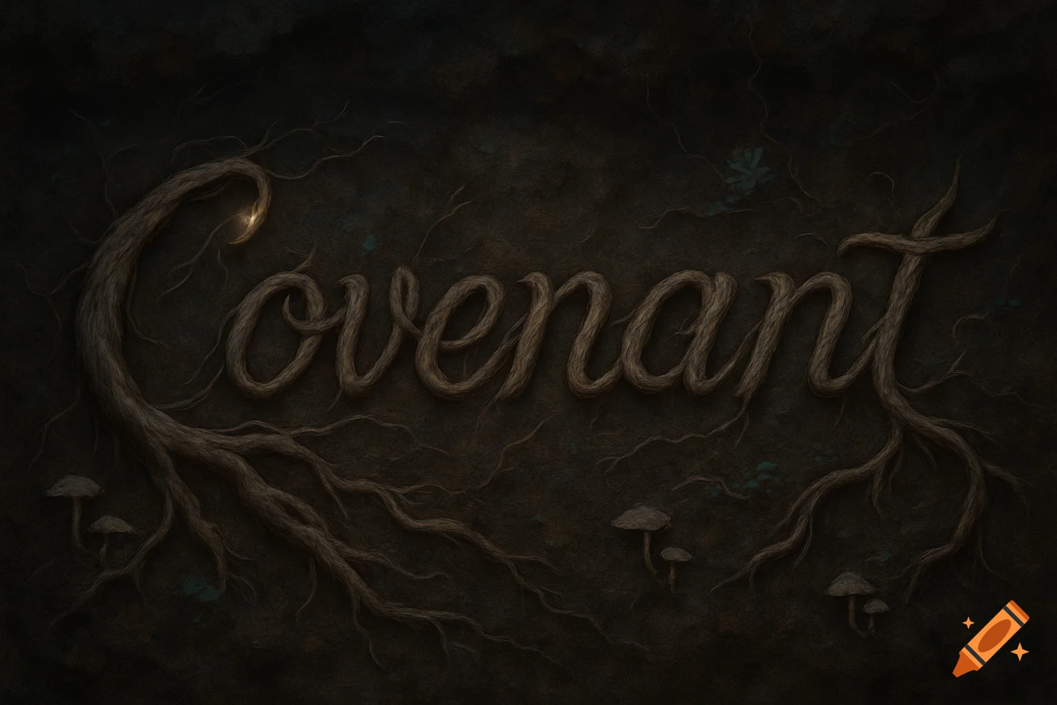 Dark, artistic image where gnarled tree roots spell 'Covenant' on an earthy background with small mushrooms.