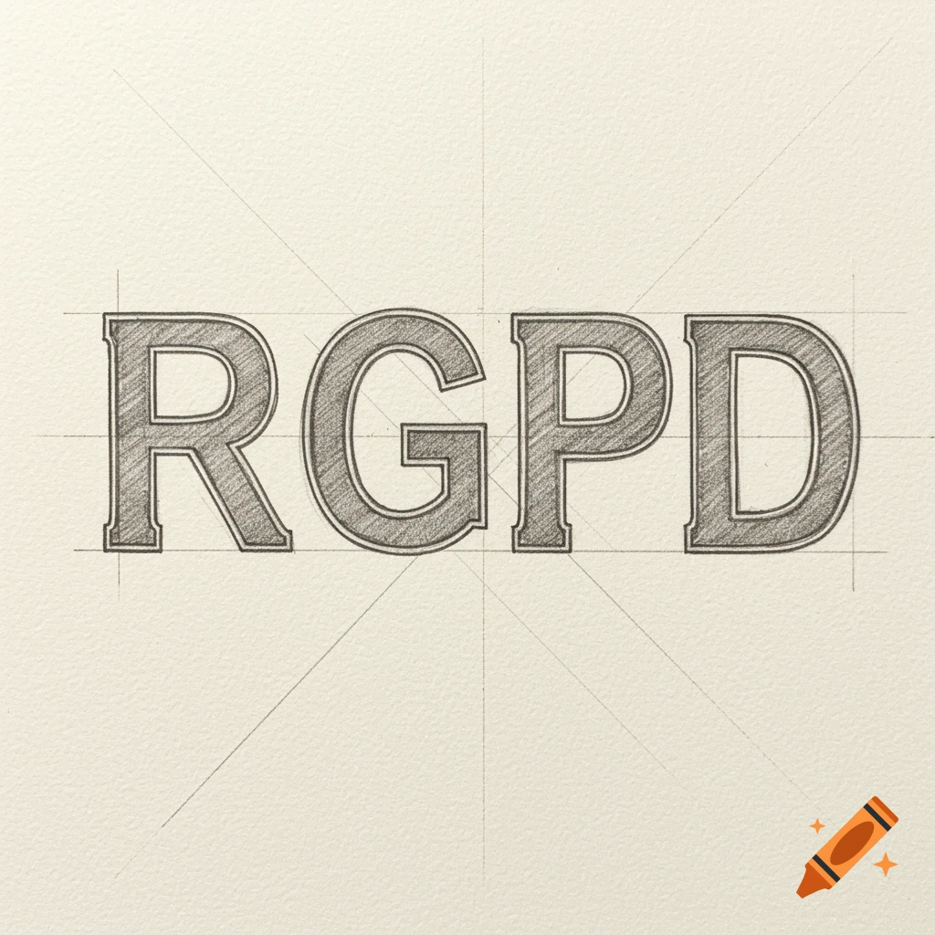 Pencil drawing of the acronym RGPD with visible guide lines on textured paper.