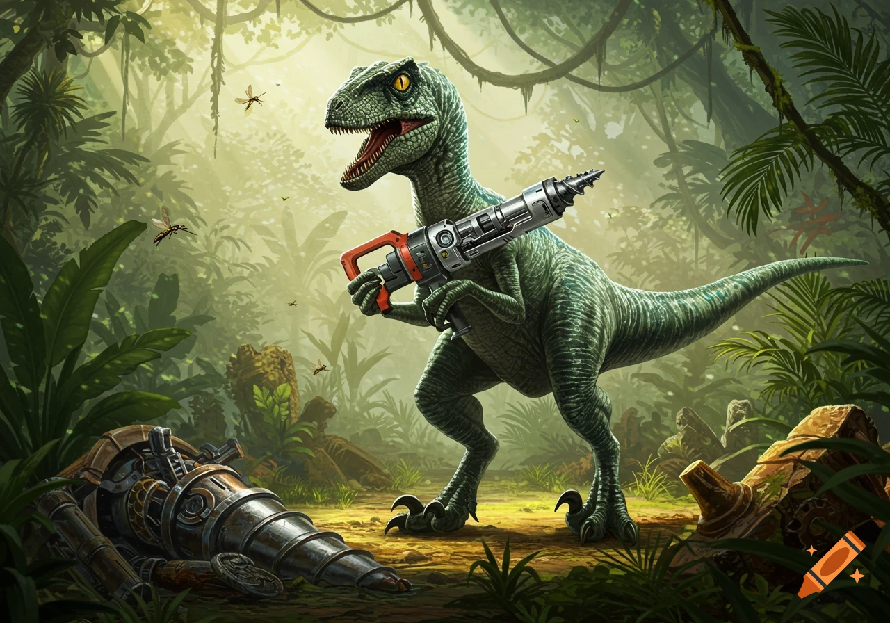 A green raptor dinosaur stands in a lush jungle, holding a large silver drill. A damaged robotic drill lies on the ground.
