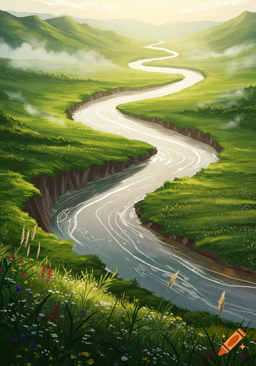 A winding river flows through a lush green valley with rolling hills under a bright sky, in an illustrative style.