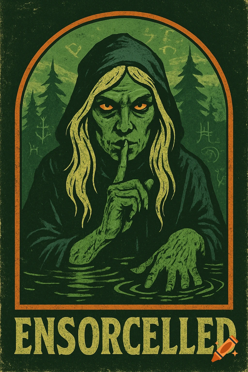 A retro, gritty green and orange illustration of a grotesque witch with yellow hair, glowing orange eyes, shushing, in dark water with pine trees and arcane symbols. The word 'ENSORCELLED' is at the bottom.