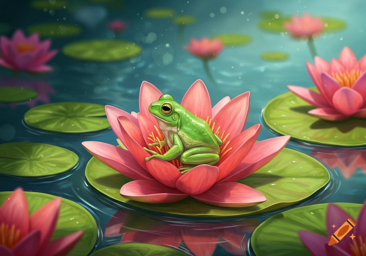 A bright green frog sits on a large pink water lily in a pond, surrounded by lily pads and other pink water lilies. Illustrated.