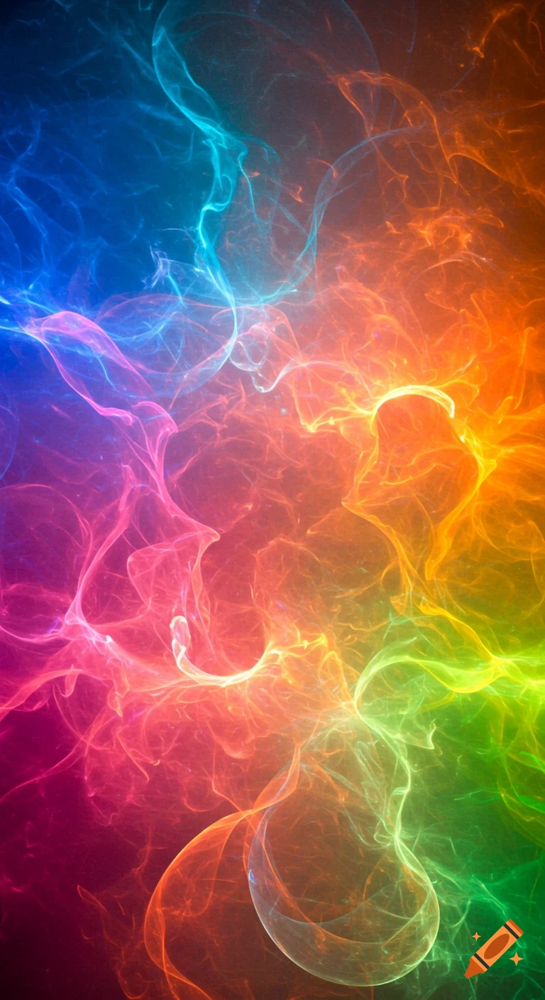 Vibrant abstract background with flowing rainbow-colored light and smoke patterns.