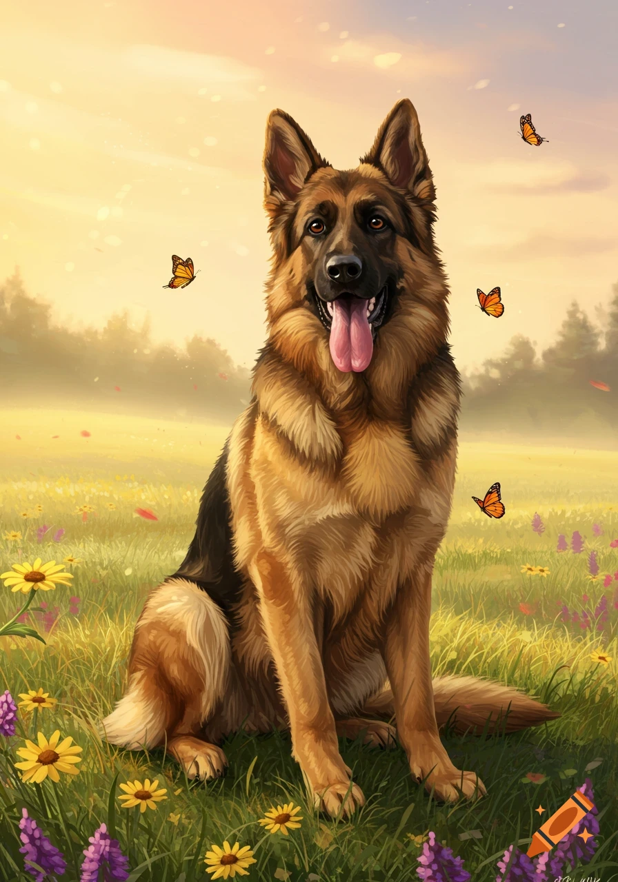 A happy German Shepherd dog sits in a sunny meadow filled with yellow and purple flowers and butterflies, digital painting.