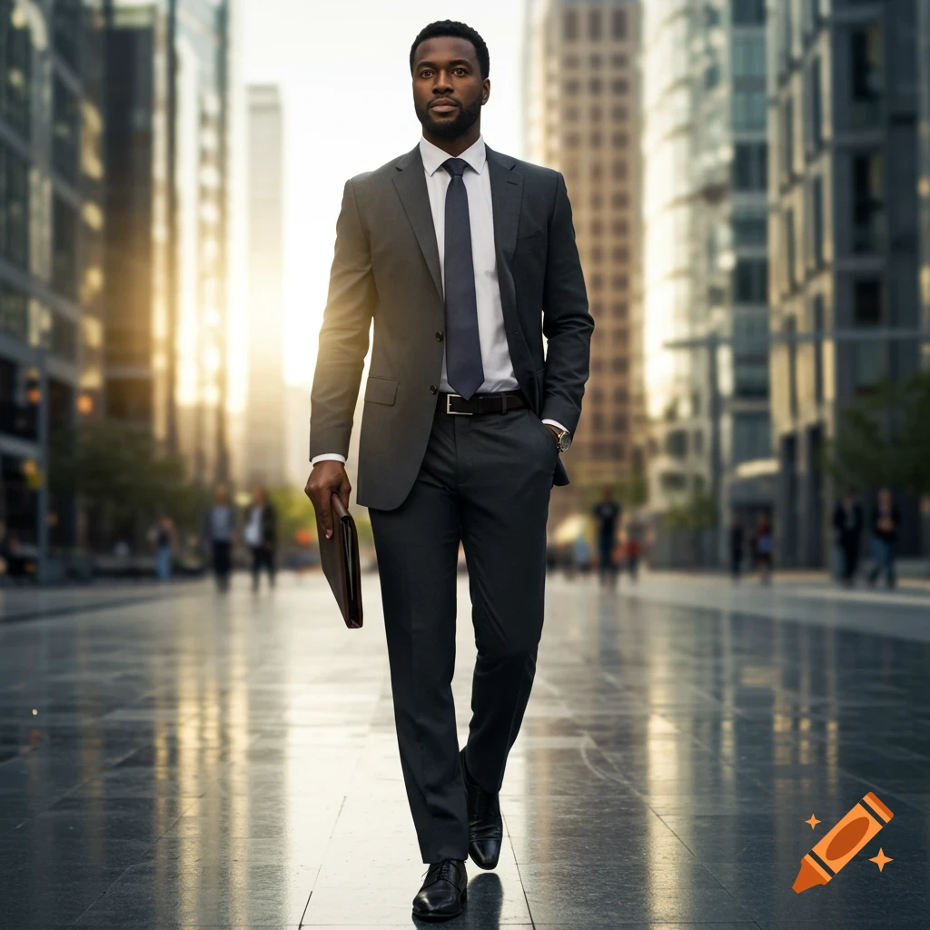 A photorealistic image of a confident Black businessman in a dark suit walking down a sunny city street.