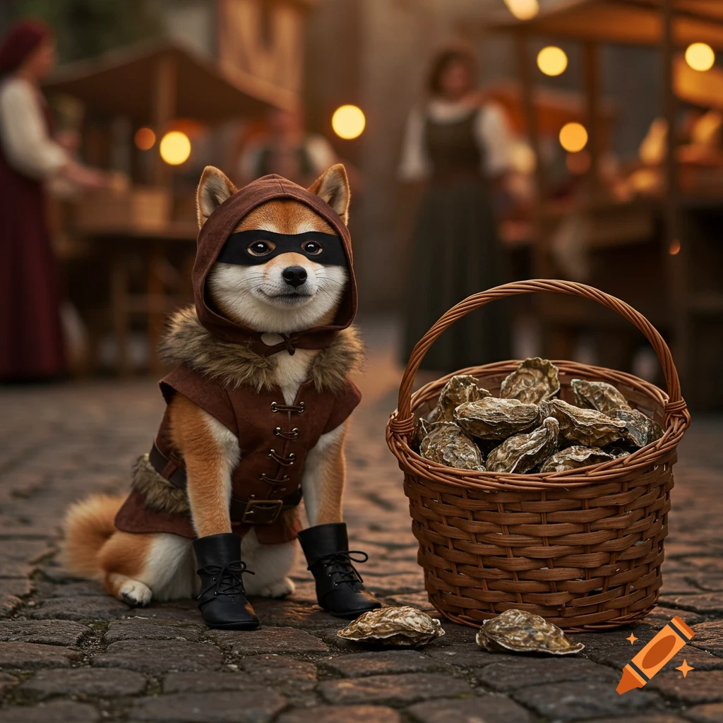 Photorealistic Shiba Inu dressed as a medieval thief, sitting on a cobblestone street next to a basket of oysters in a market.