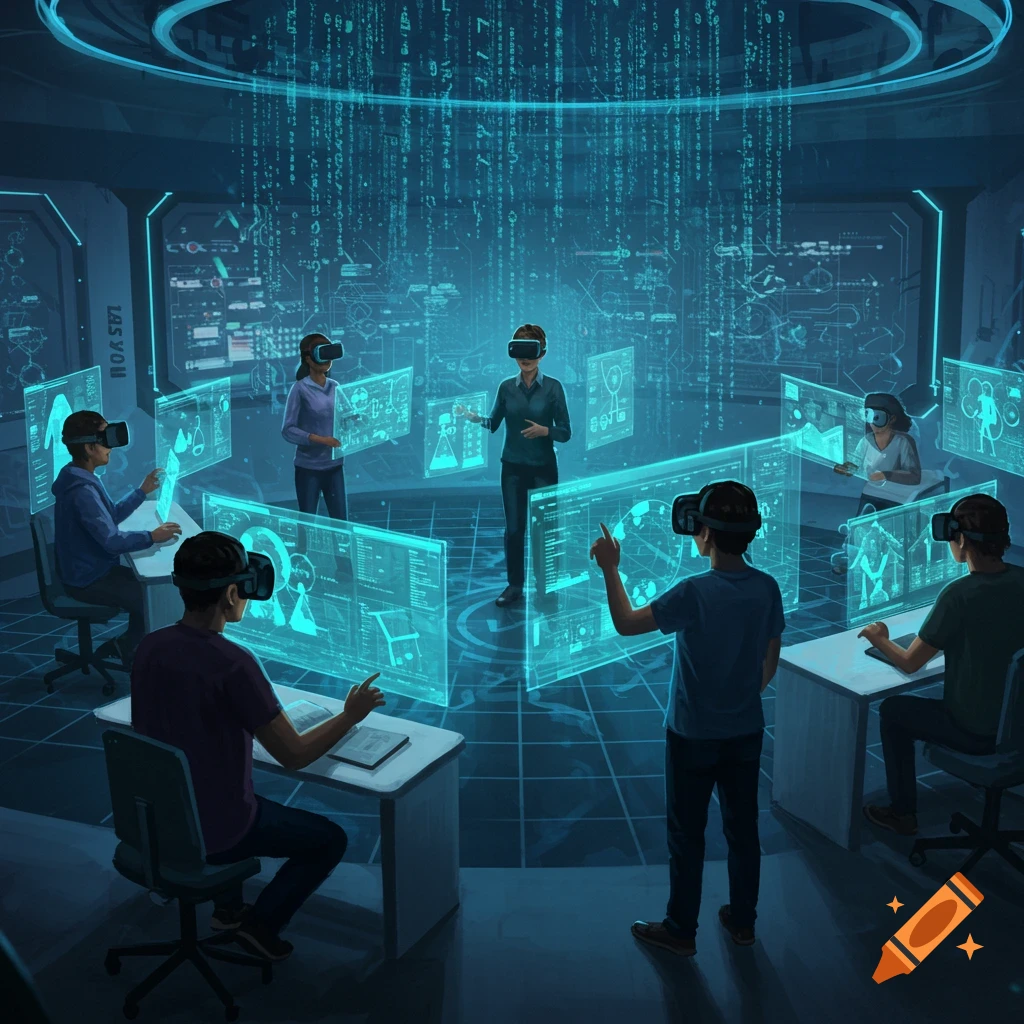 A VR classroom with students wearing headsets, interacting with a teacher and glowing holographic displays showing data and equipment.