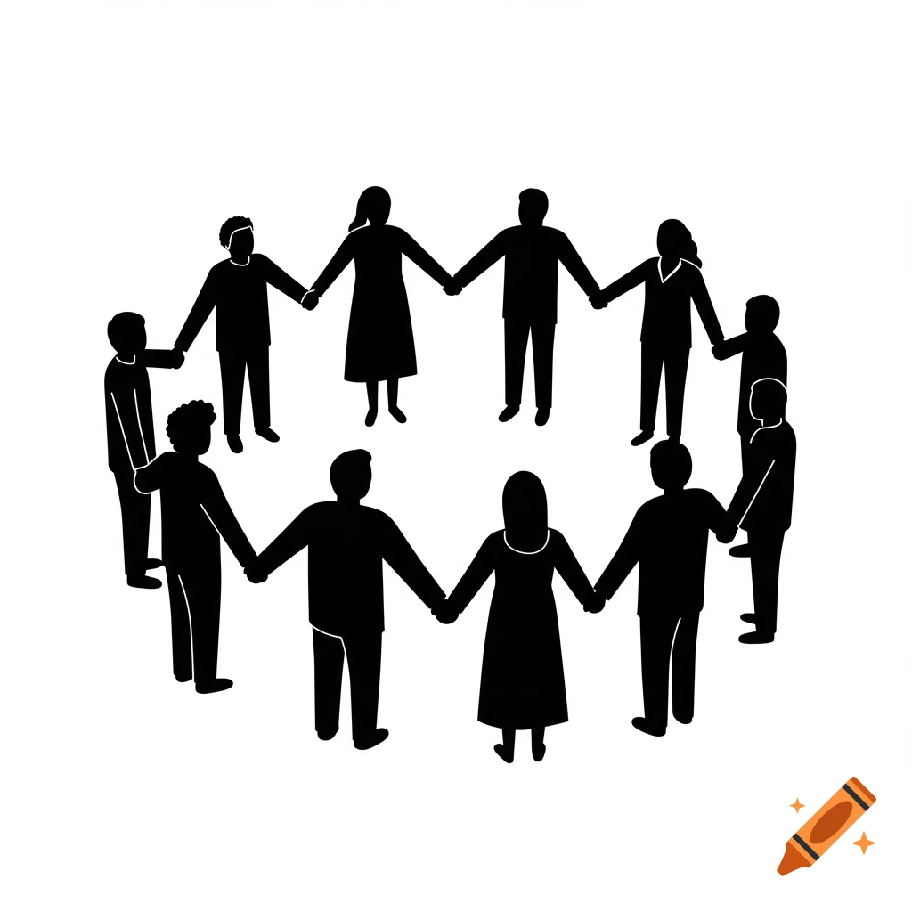 Black and white minimalistic illustration of a diverse group of people holding hands in a circle, symbolizing unity.