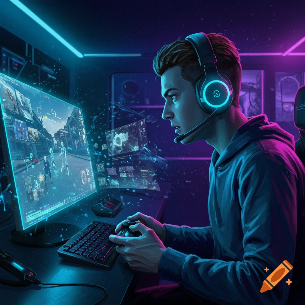 A focused gamer wearing headphones with a glowing logo plays a video game on a large, vibrant screen in a neon-lit room.