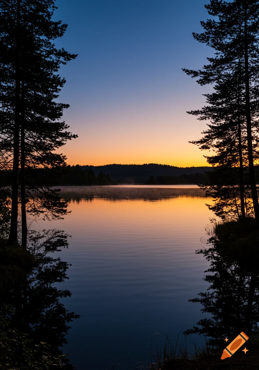 A serene lake reflects a colorful sunrise or sunset sky, framed by silhouetted pine trees on either side.