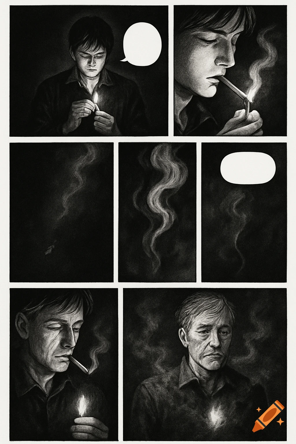 A black-and-white manga page of a man aging, smoking a cigarette, with a flame in his chest and smoke.