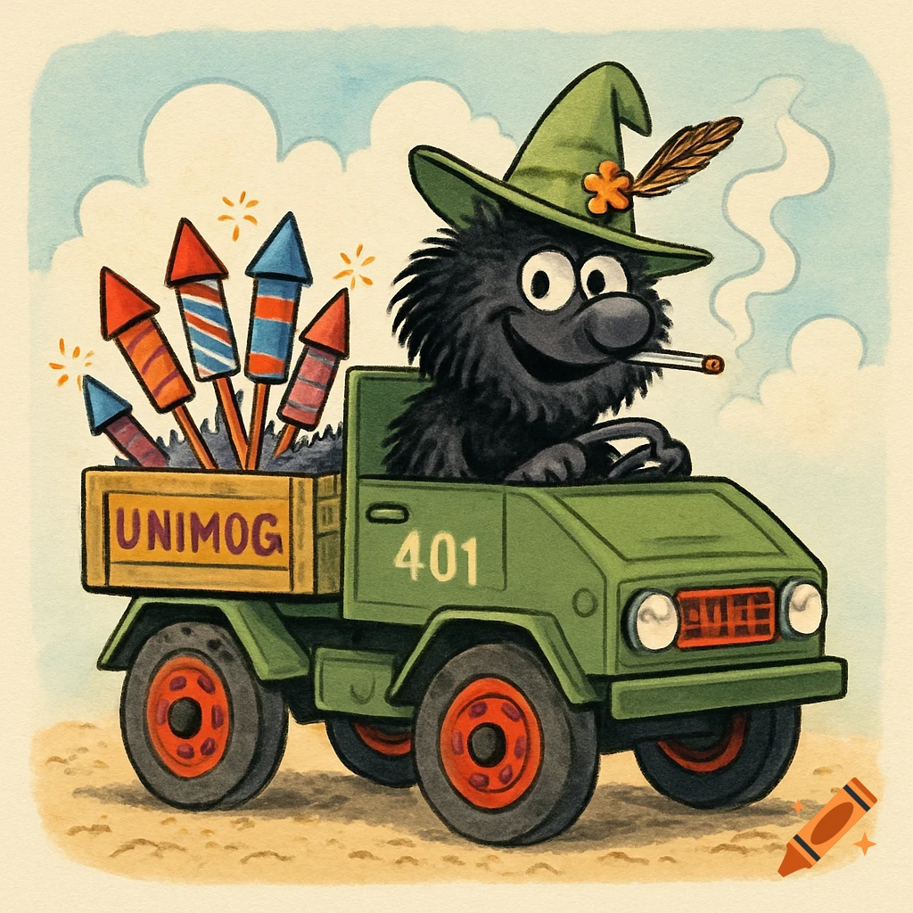 Whimsical cartoon of a fuzzy black creature in a wizard hat driving a green vintage truck with 'UNIMOG' crate of fireworks.