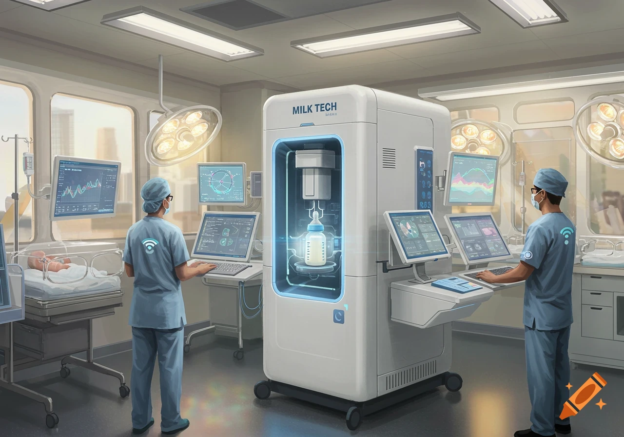 A futuristic NICU with medical staff attending to babies and a 'MILK TECH' machine dispensing a baby bottle.